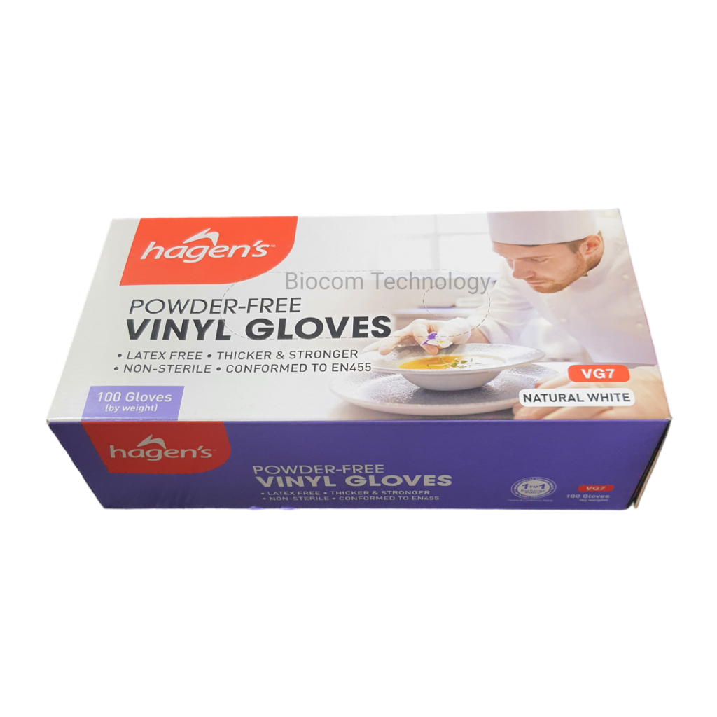 คละไซส์ 11HAGVG7 สีขาว 100 ชิ้น Hagens Vinyl Glove Powder Free (Certified Standard EN455)