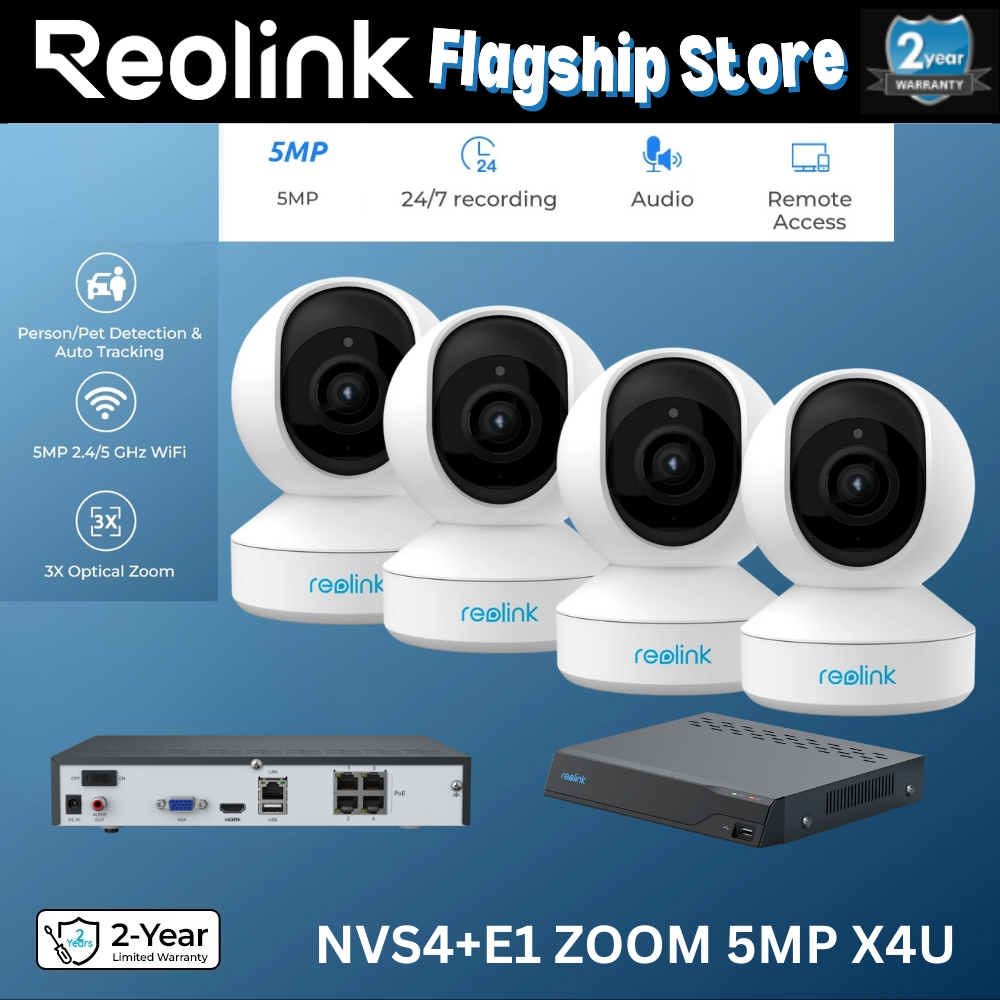 Reolink 5MP E1 ZOOM WiFi ในร่มพร้อม 4ch PoE NVR NVS4 และ 4 กล้อง WiFi การเฝ้าระวังวิดีโอในร่มการติดต