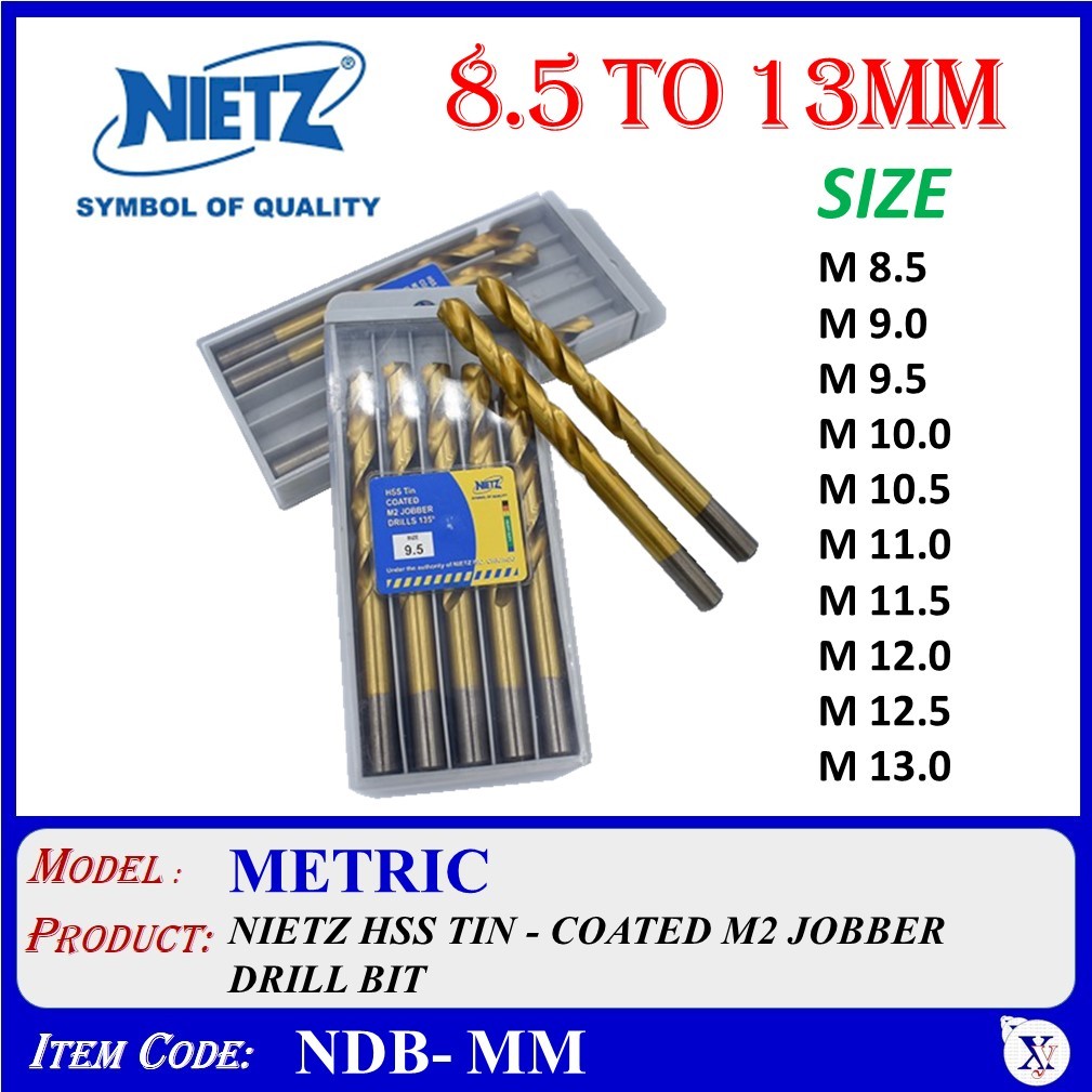 NDB- [8.5 มม.ถึง 13 มม.] NIETZ HSS TIN-CATED M2 JOBBER DRILL BIT NIETZ DRILL BIT