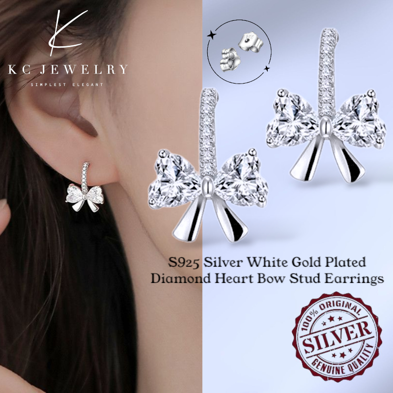 KC Jewelry S925 Silver - ต่างหูโบว์หัวใจเพชรชุบทองคําขาว