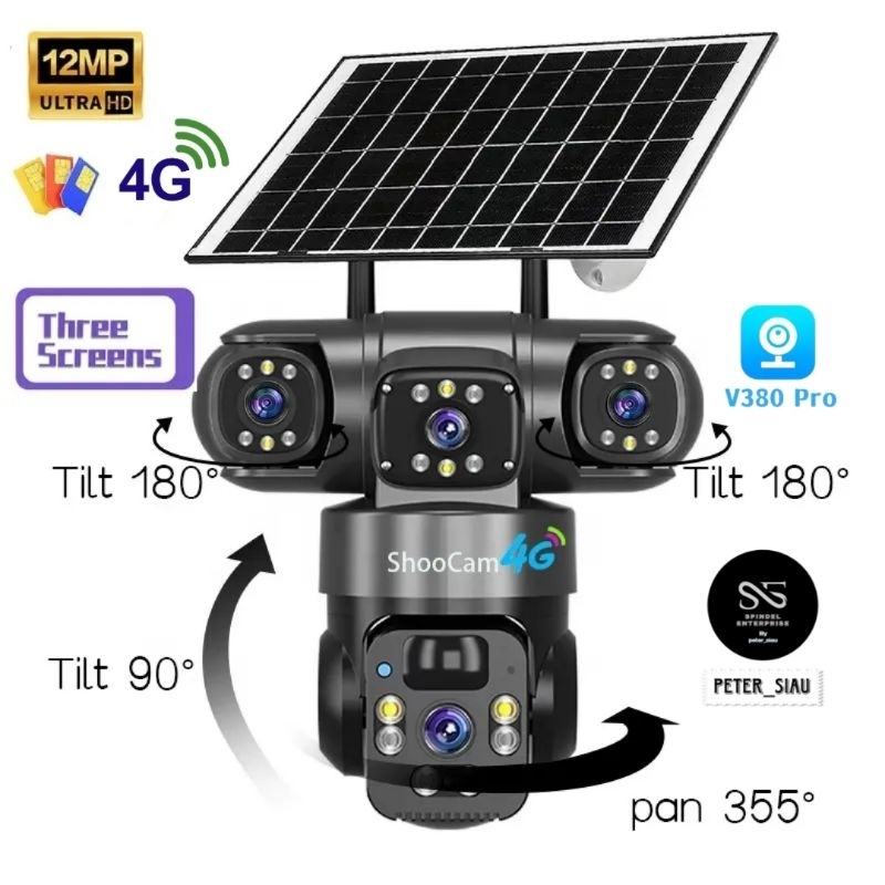 4G Sim Outdoor Solar Security กล้องวงจรปิดสามกล้อง S28