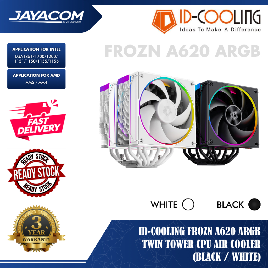 ID-Cooling FROZN A620 ARGB Twin Tower CPU Air Cooler – สีดํา/ขาว (พร้อมพัดลม PWM ARGB 2x 120 มม.)