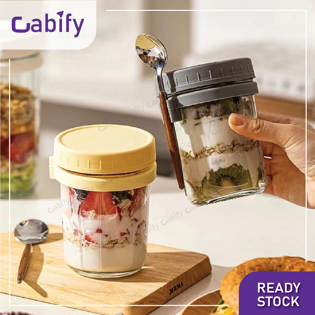 Cabify Soda Lime Glass 350ml โปร่งใสแบบพกพา Overnight Oatmeal Glass Jar คอนเทนเนอร์พร้อมช้อนและฝาปิด