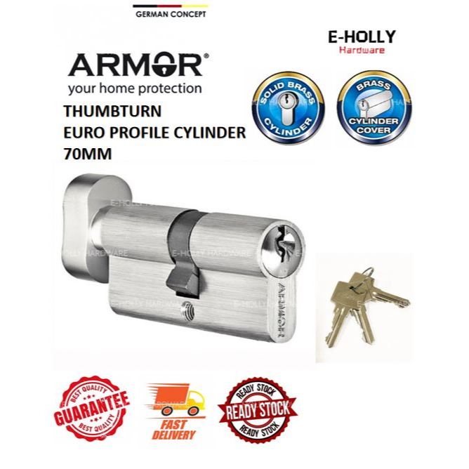 EHLLY ARMOR Euro Profile Thumbturn กระบอก 70 มม. (ล็อคย่าง/ล็อคเกต) Tombol Bilik Pusing