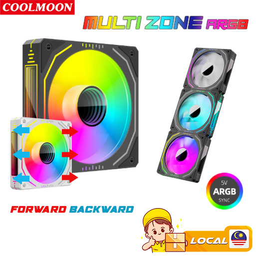 CoolMoon New Multi Zone ARGB + PWM 5V3P Forward Backward PC Casing Fan Cooler Aura Sync G120