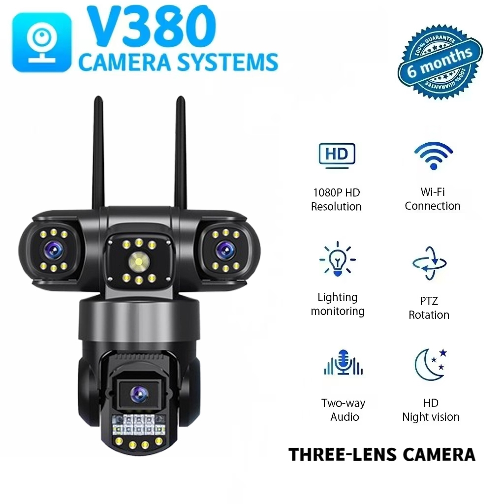 ฟรี 4G ซิมการ์ดV380 Pro 4G SIM กล้องวงจรปิดสามเลนส์ FHD 360 การตรวจสอบไร้สาย IP66 กันน้ํา Night Visi