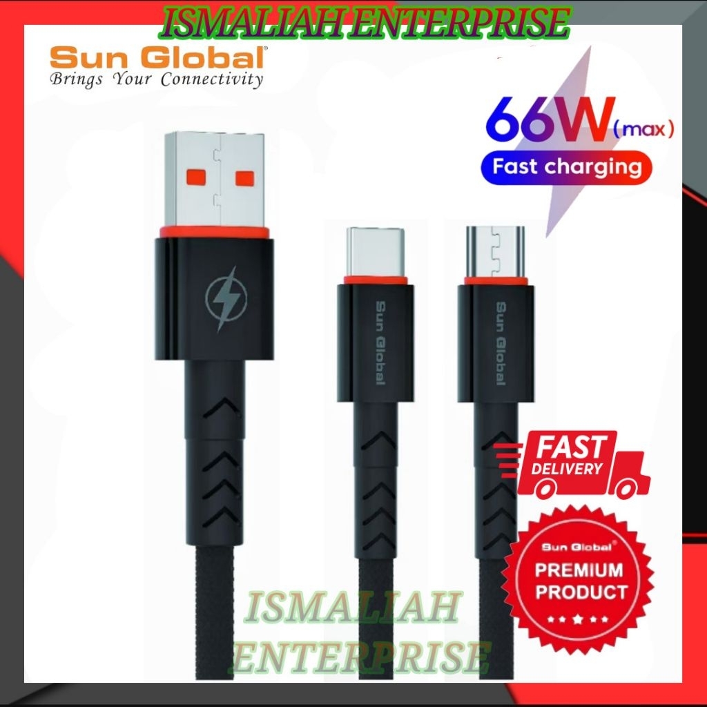 Sun Global Cable 5A Super Charge 66w Max Output QC3.0 Micro Type-C i-P ne สาย USB Fast Charging & Da