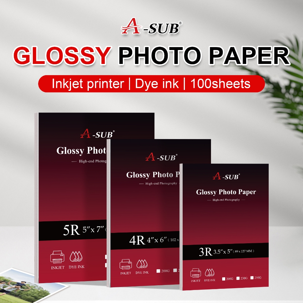 A-SUB Glossy กระดาษภาพถ่ายพิมพ์ 230gsm 3R/4R/5R พิมพ์ภาพ 100 แผ่น kertas gambor photo