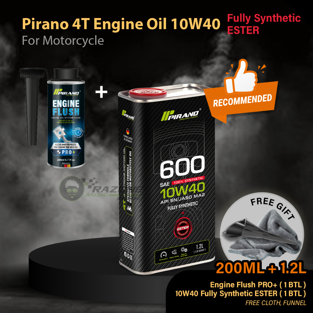 200ML + 1.2L / PIRANO P600 10W40 Fully Synthetic Ester 1.2L + Engine Flush 200ML / สําหรับรถจักรยานย
