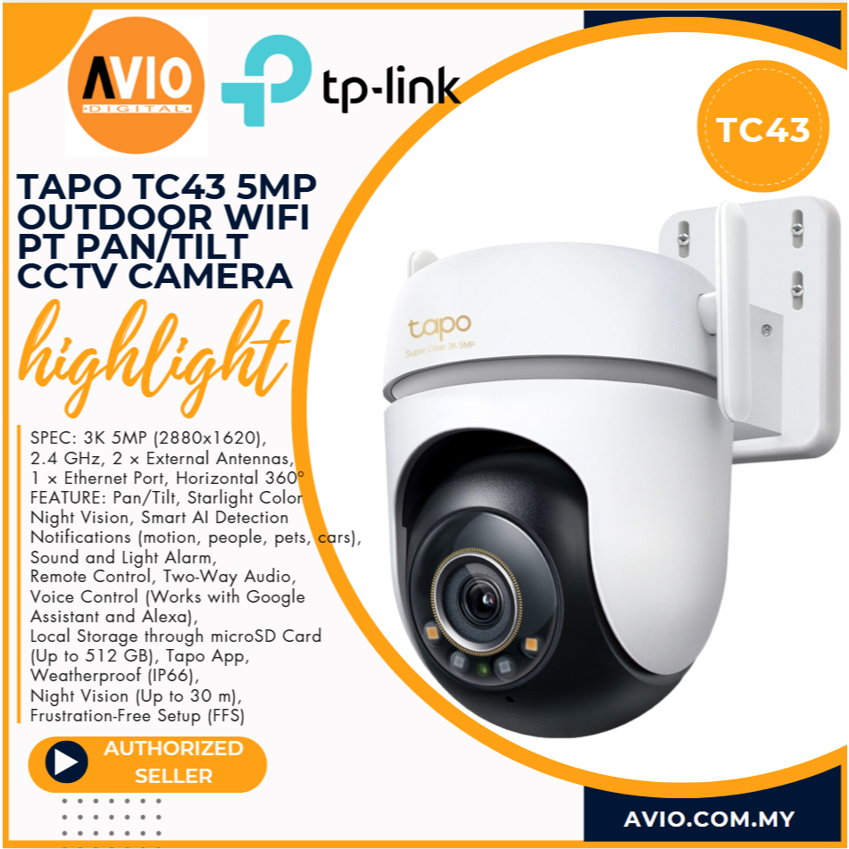 TP-LINK Tplink 5MP 5 ล้านพิกเซล Wifi กันน้ํากลางแจ้ง PT Pan Tilt กล้องวงจรปิด Night Vision TAPO TC43