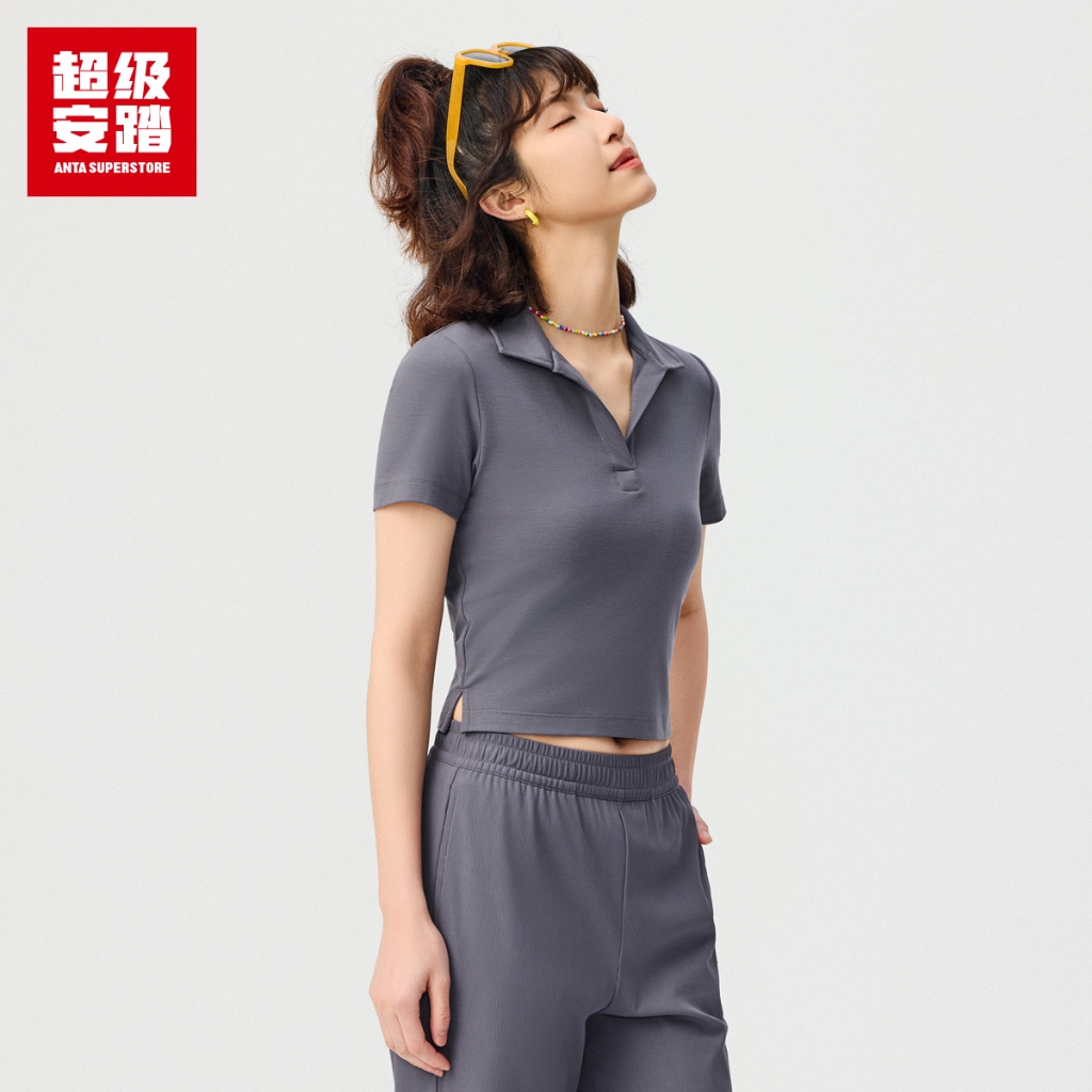 ANTA Women Vintage Sports Short Tee 162528146U-2 -สีเทา (บาจู โปโลสุkan Kasual)
