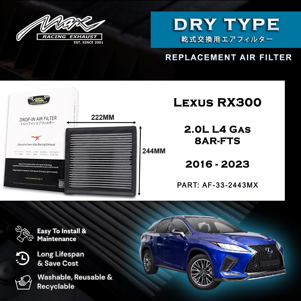 Lexus RX300 2.0L L4 แก๊ส 8AR-FTS 2016-2023 33-2443MX Max Racing Exhaust Performance Drop-in Dry Type