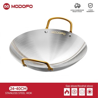 MODOFO 24–40CM Periuk Stainless Steel Double Ear Wok | Large Non-Stick Frying Pan Thick Iron Pot for Kitchen Use