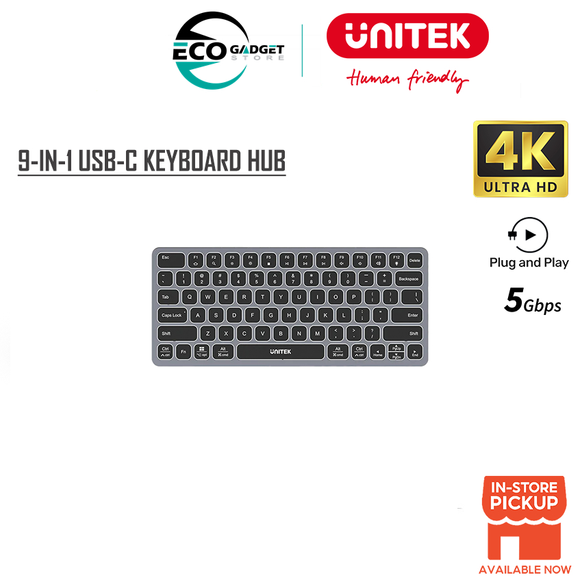 UNITEK 9-in-1 USB-C Hub พร้อมคีย์บอร์ด (3*USB3.0 + HDMI2.0 + SD/Micro SD + Audio + PD 100W Chagring