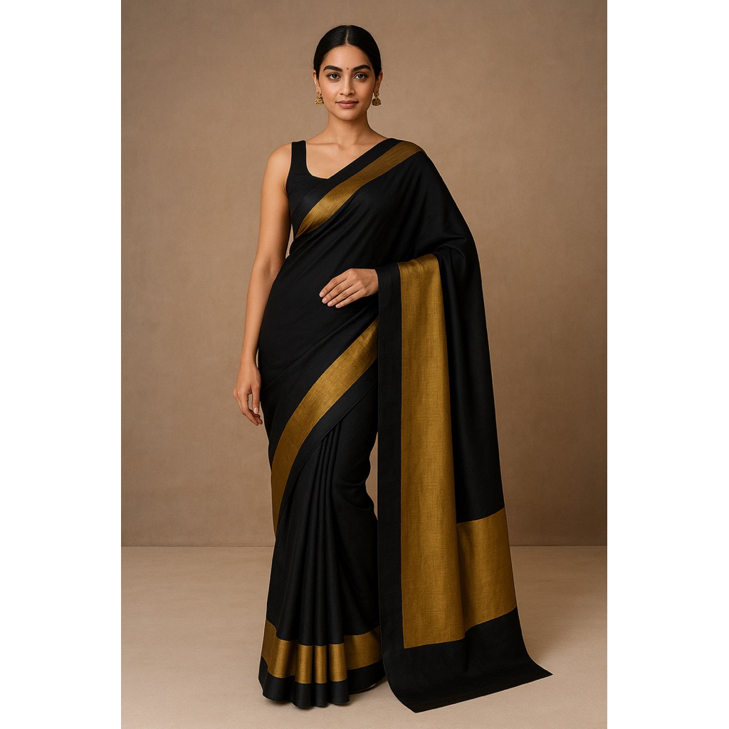 ผ้าฝ้ายความสง่างามสีดํา เสื้อไหมสารี ขอบสีทอง Rich Fancy Pallu Siko Silk Saree is Perfect
