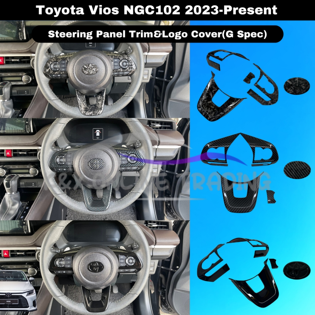 Toyota Vios NGC102/AC100 2023-2025 + คาร์บอน Trim & Glossy พวงมาลัยสีดําปุ่มและโลโก้ Trim Garnish ฝา