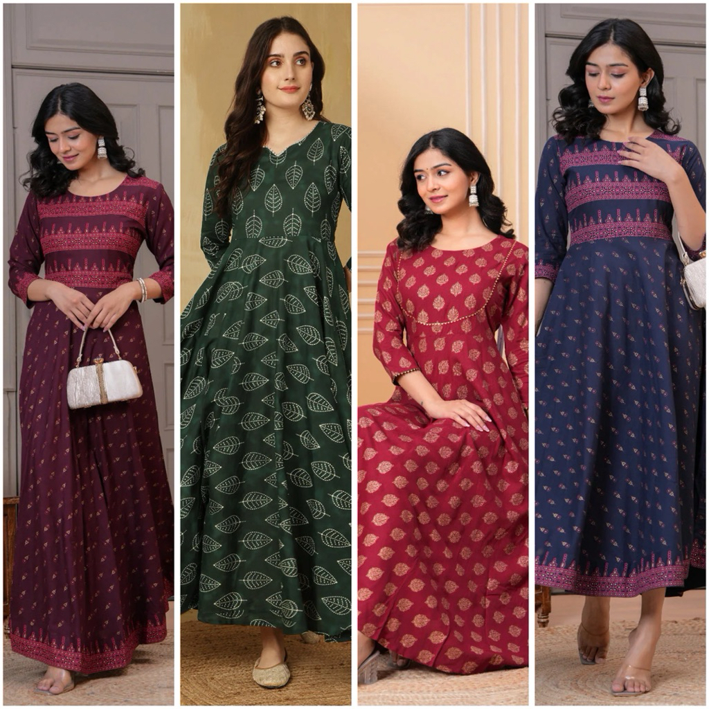 ผู้หญิงผ้าฝ้ายพิมพ์ ANKLE LENGTH รอบคอ ANARKALI KURTA wt 3/4 แขน