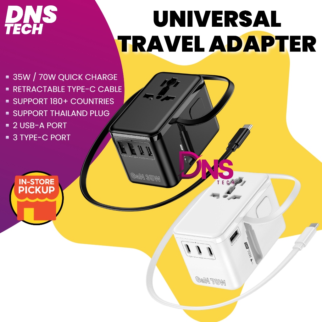 Pengecas Universal Adapter Travel International Power 35W 70W Kabel Boleh Tarik 70cm Fast Charger QC