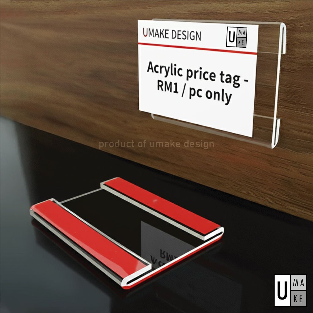 Stick on wall Price Tag Holder, Acrylic Self Adhesive Label Sign Shelf, Label Display Retail Stores