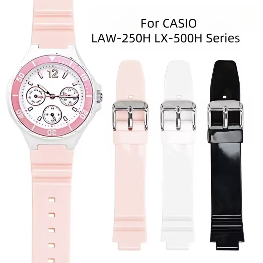 สายยางสําหรับ Casio LRW-250H LRW-200 LX-500H 12 มม.กีฬากันน้ํา Glossy tpu ผู้หญิงสีชมพูเปลี่ยนสร้อยข