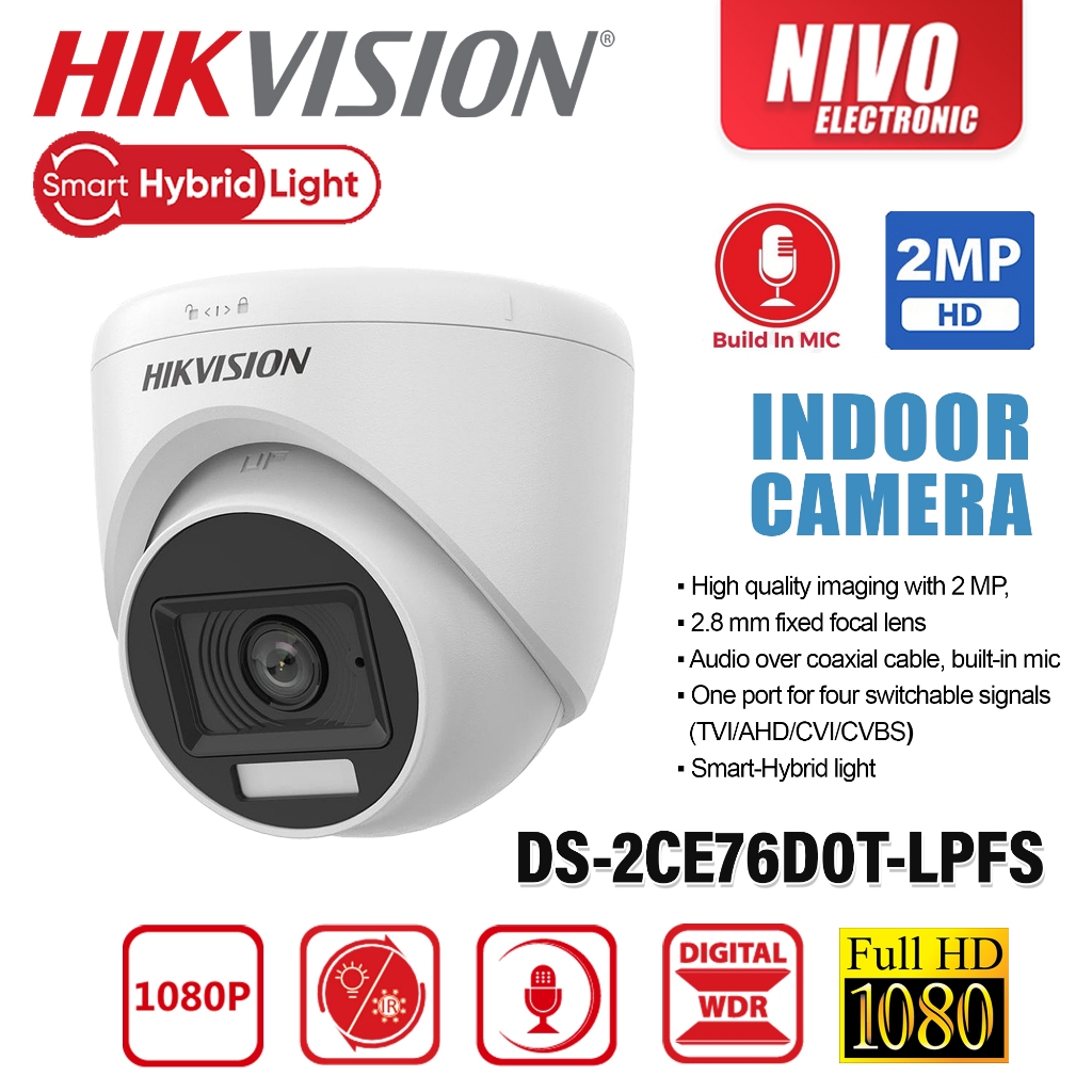 HIKVISION 2MP DS-2CE76D0T-LPFS SMART HYBRID LIGHT AUDIO FIXED TURRET กล้อง