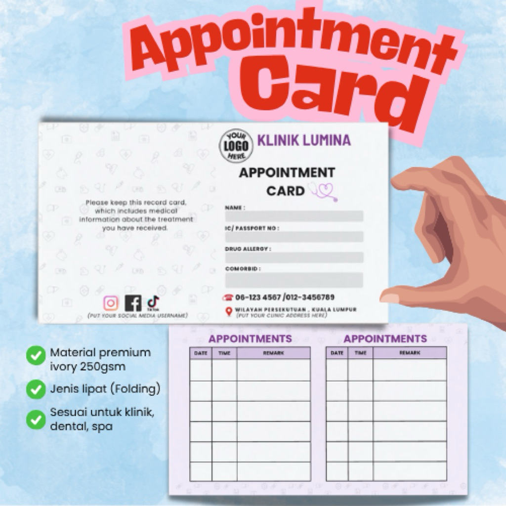 KAD TEMUJANJI PESAKIT/ การ์ดสํารอง CLINIC/ DENTAL/ SPA
