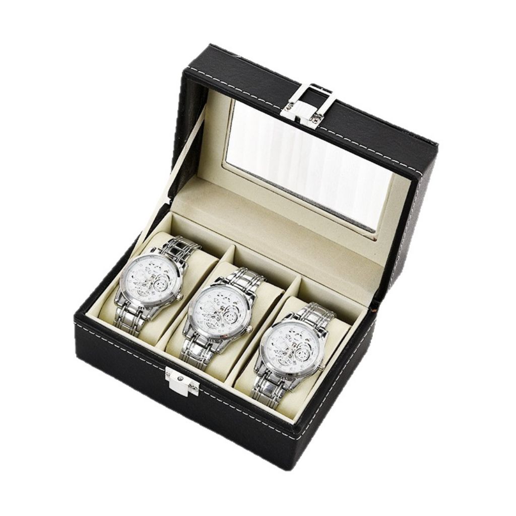 Bekas Penyimpanan Jam Kulit Tangan PU 3 Slot High Grade 3 Slot PU Leather Watch Storage Holder Show 