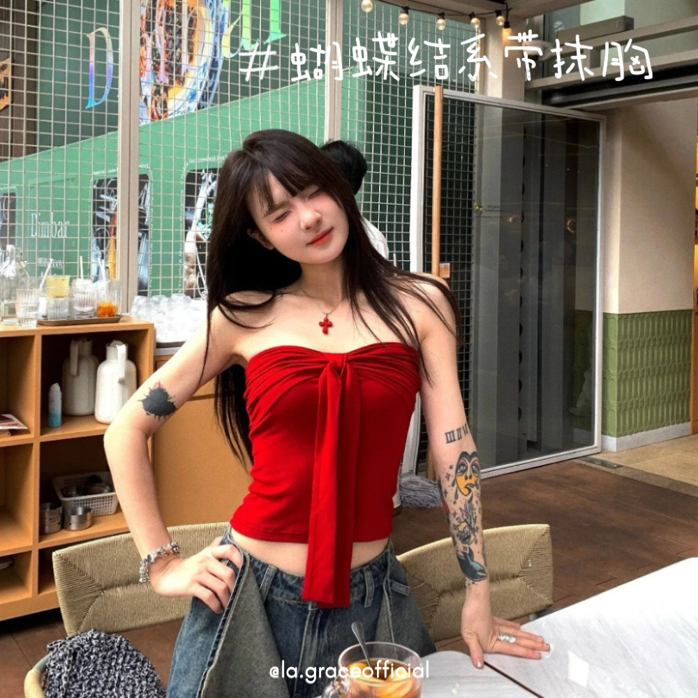 LA.GRACE OFFICIALเกาหลี Red Bow Tube Top เซ็กซี่ Strapless Crop Top กํามะหยี่ Bandeau ปิดไหล่รัดตัวส