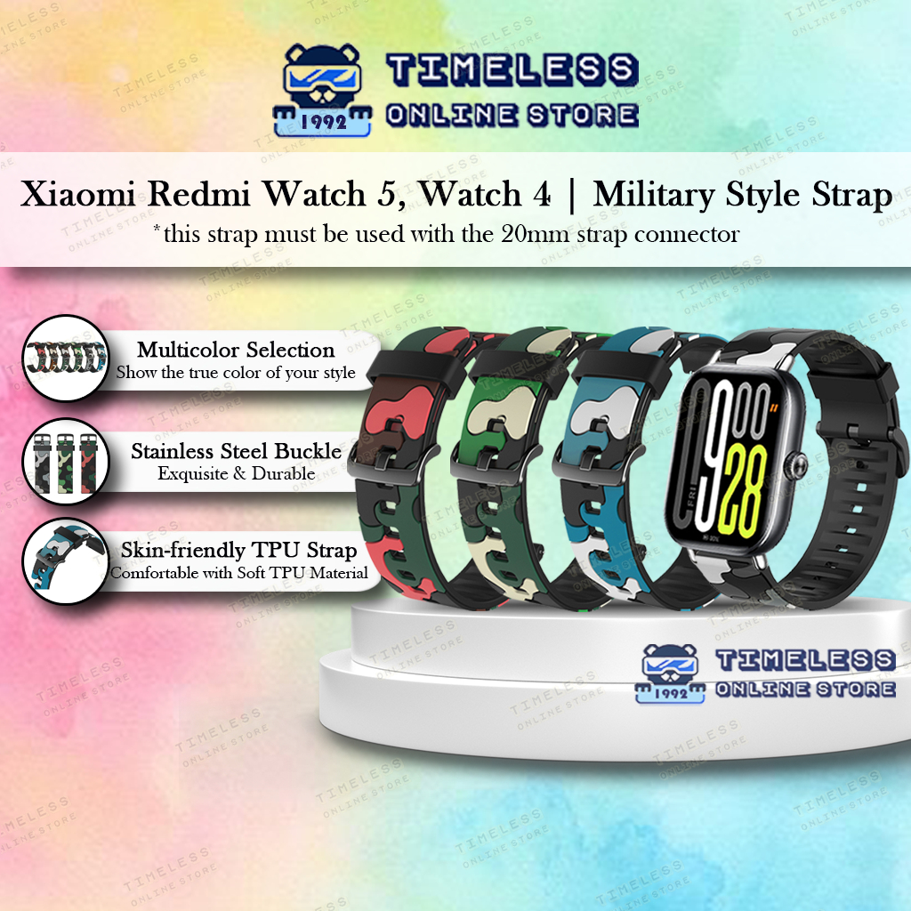 🇲🇾 Xiaomi Redmi Watch 5, Watch 4 Strap, Fashion Military Style 20mm, Black Metal Buckle (mi smart wa