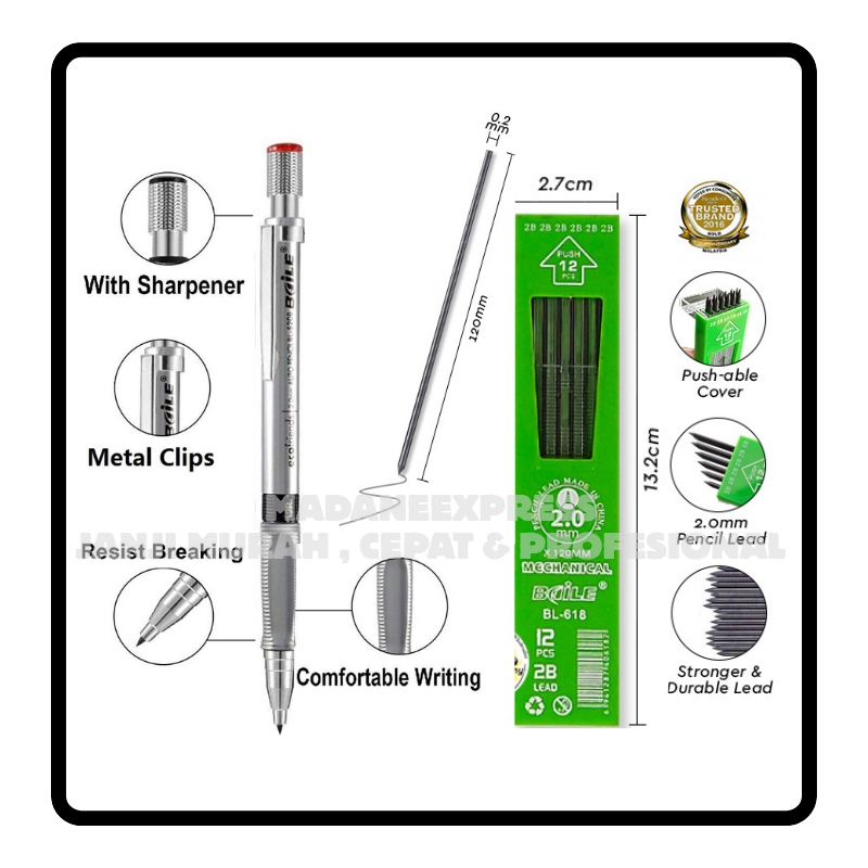 [XPRESS] BAILE : MECHANICAL PENCIL 2.0MM / PENCIL LEAD 2B 2.0MM