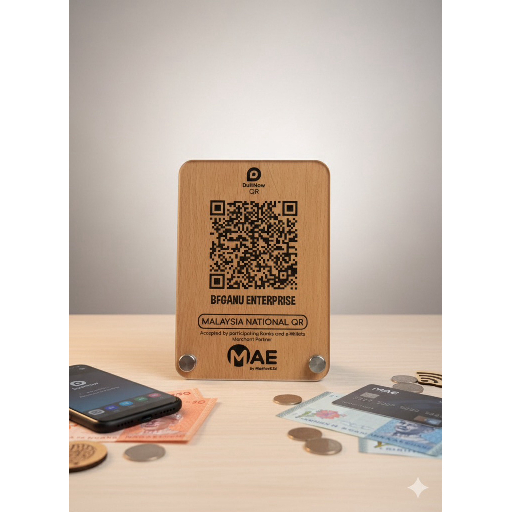 QR CODE / QRPAY UKIRAN KAYU + ACRYLIC TRANSPARENT - Ewallet QR Wood / Duitnow Wood Signange พร้อมขาต