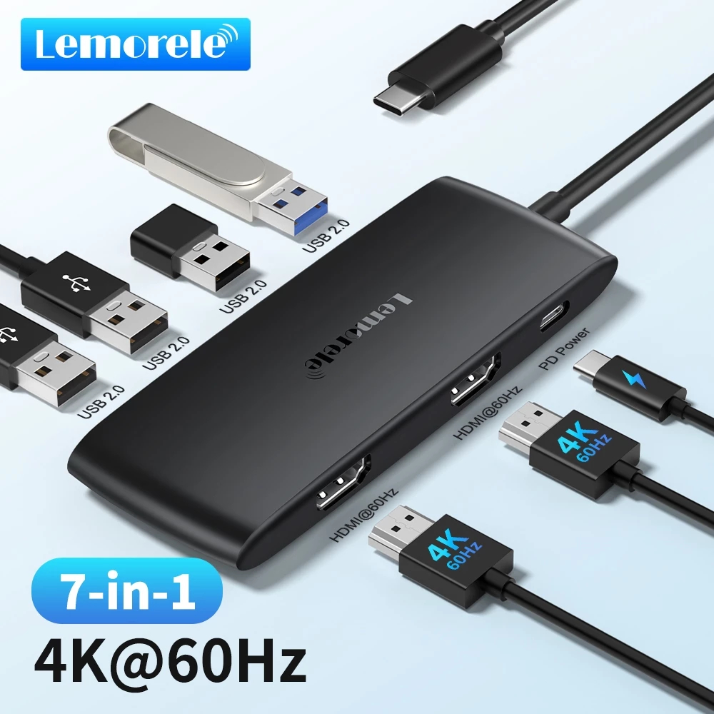 Lemorele TC510 สถานีเชื่อมต่อฮับ USB-C 7-in-1 – Dual 4K 60Hz HDMI, USB 3.0, การชาร์จ PD 100W, เข้ากั