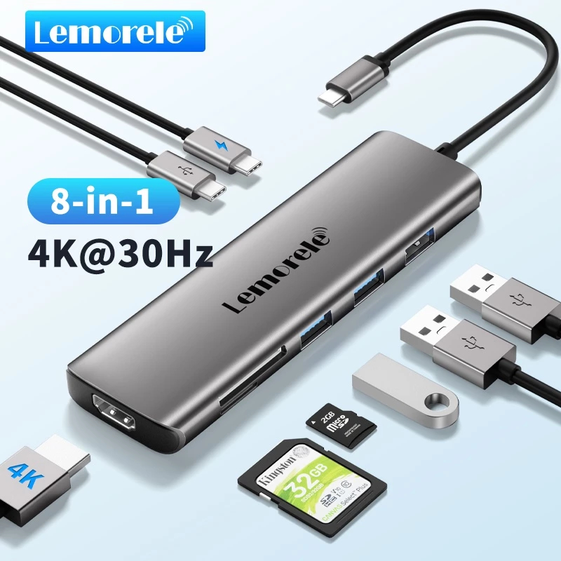 Lemorele TC38 ฮับ USB-C 8-in-1 – อลูมิเนียมบางเฉียบ, 4K HDMI, 3 USB-A, 100W PD, SD/TF
