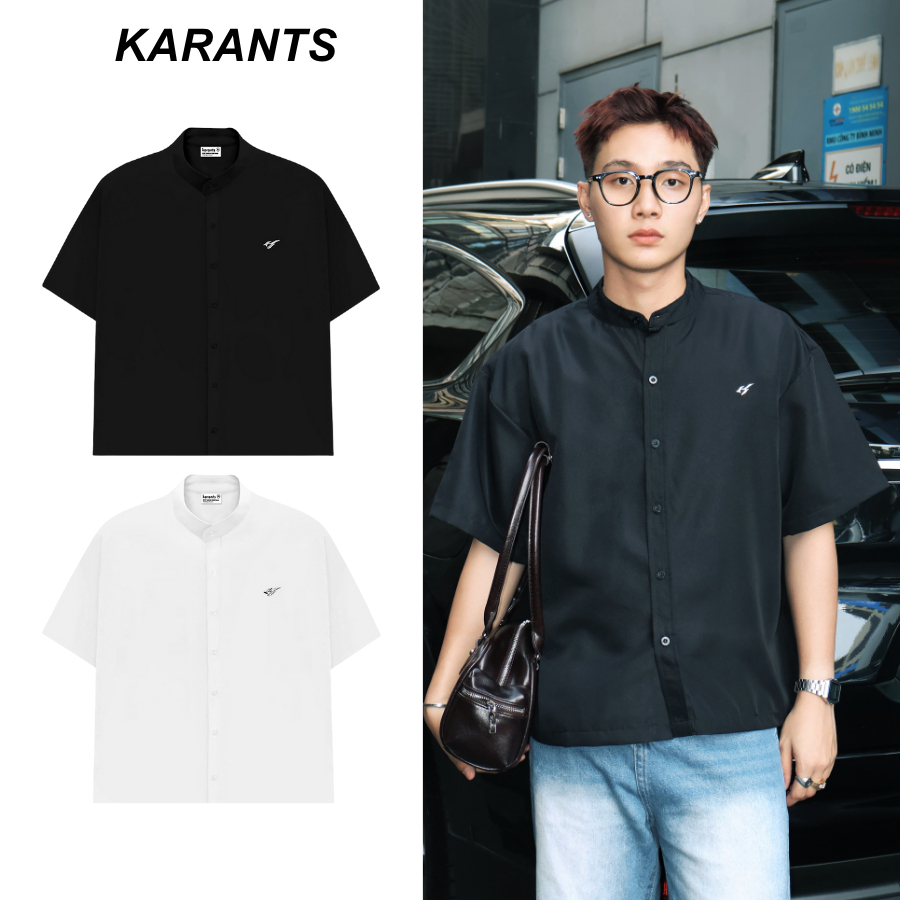 Karants เสื้อเชิ้ตปกแมนดารินธรรมดาพร้อมโลโก้โลหะ Boxy Fit ผ้าฝ้ายเย็นระดับพรีเมียม Unisex 2025 - KR2
