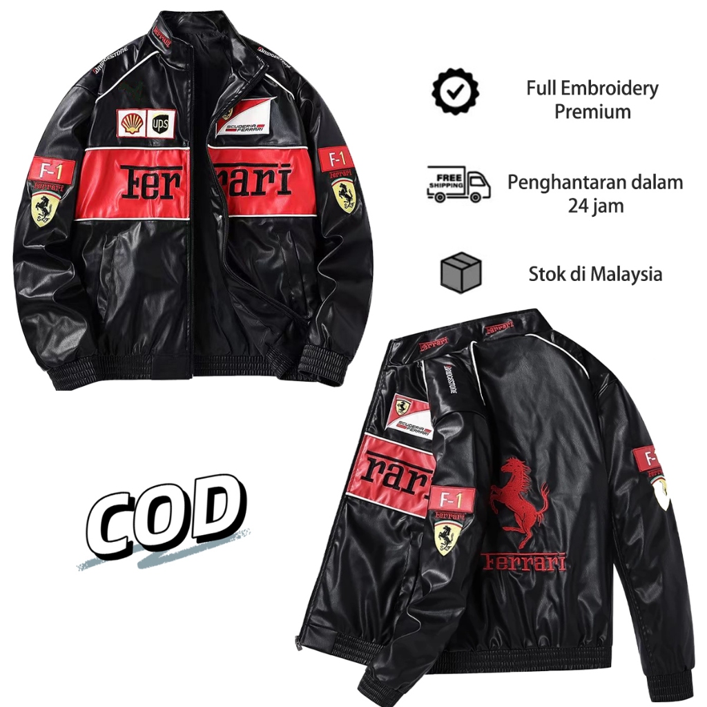 F1 Ferrari Racing Leather Jacket พร้อมโลโก้เย็บปักถักร้อยสีดําเสื้อกันลมรถจักรยานยนต์ Unisex