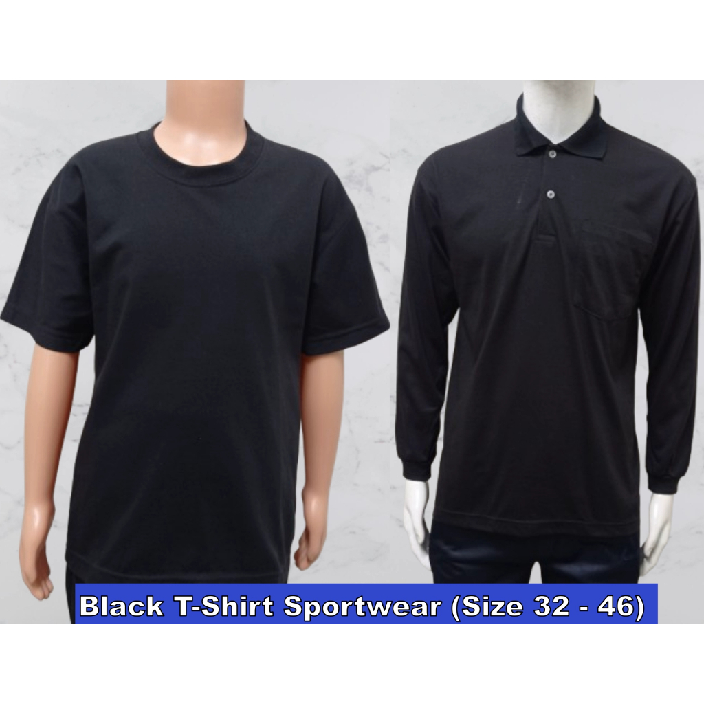 SFS Unisex Baju Sukan Black Sekolah คอกลมและคอปกแขนยาวและผ้าฝ้ายขนาด 32- 46