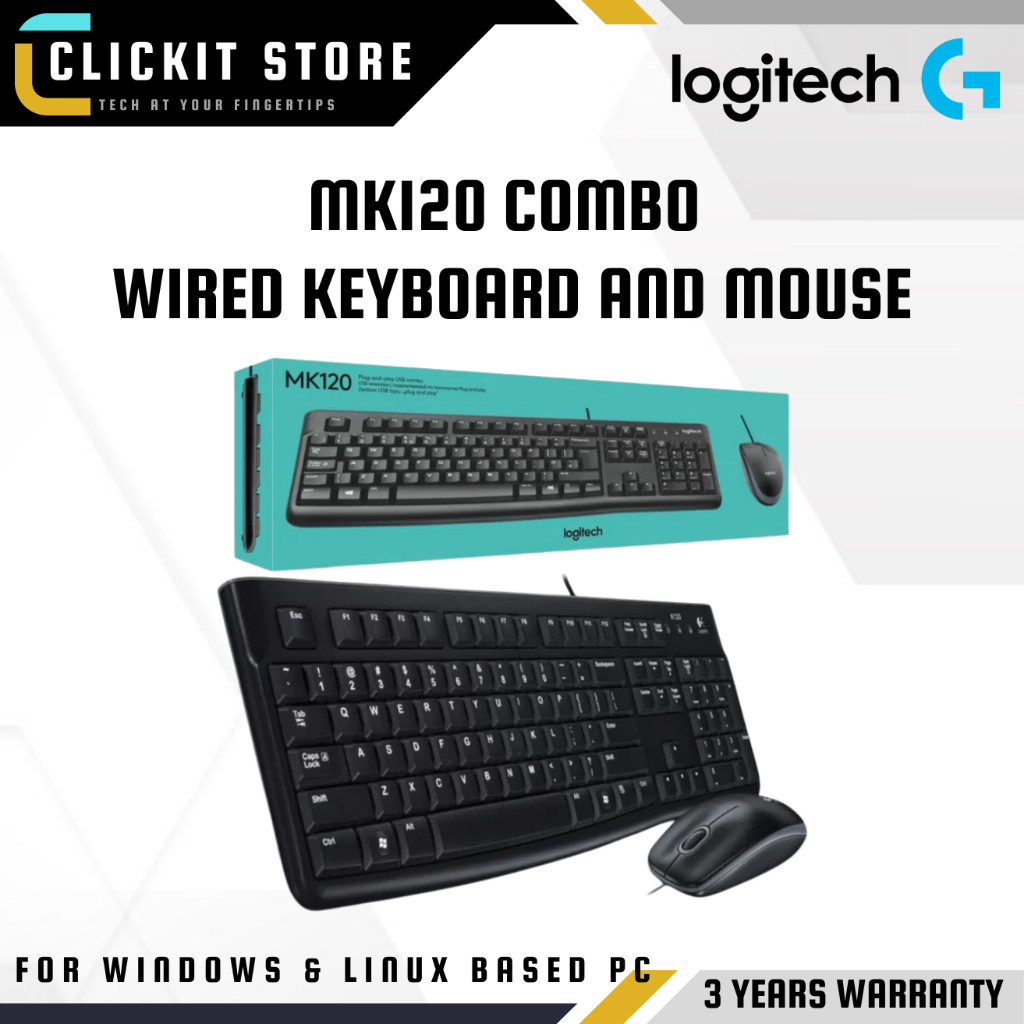 LOGITECH MK120 Combo คีย์บอร์ด USB แบบมีสาย + เมาส์สําหรับ Dektop PC Windows / Linux KBM-LGT-MK120