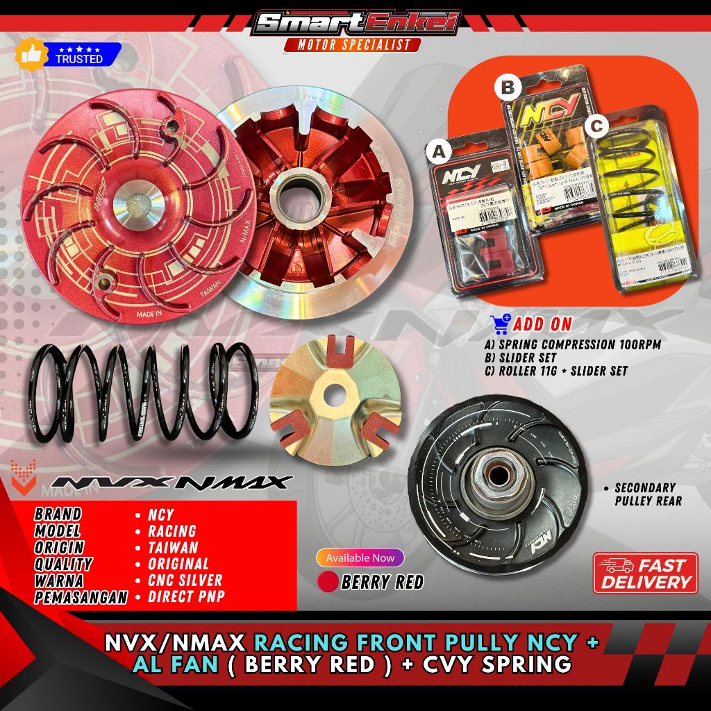 NVX V1 V2 V3 RACING FRONT PULLY NCY + AL FAN ( BERRY RED ) + CVY SPRING (เหมาะสําหรับ NMAX V2 V3)