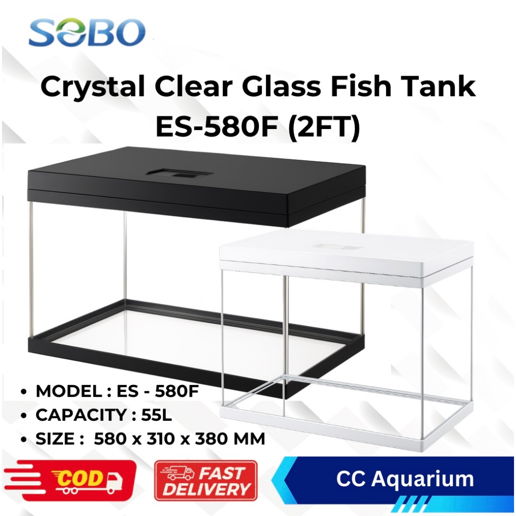 SOBO ES-480F / ES-580F 2ft Super Crystal Clear Glass Fish Aquarium ชุดกรองและไฟ LED Akuarium Ikan