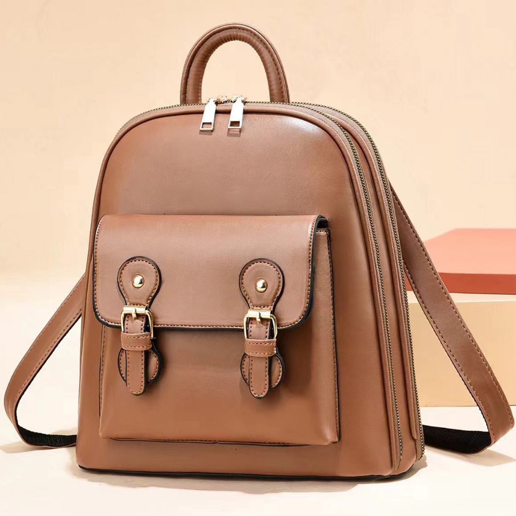 SKM Womens Buckle Zipper PU Leather Plain Backpack Beg Galas CS365