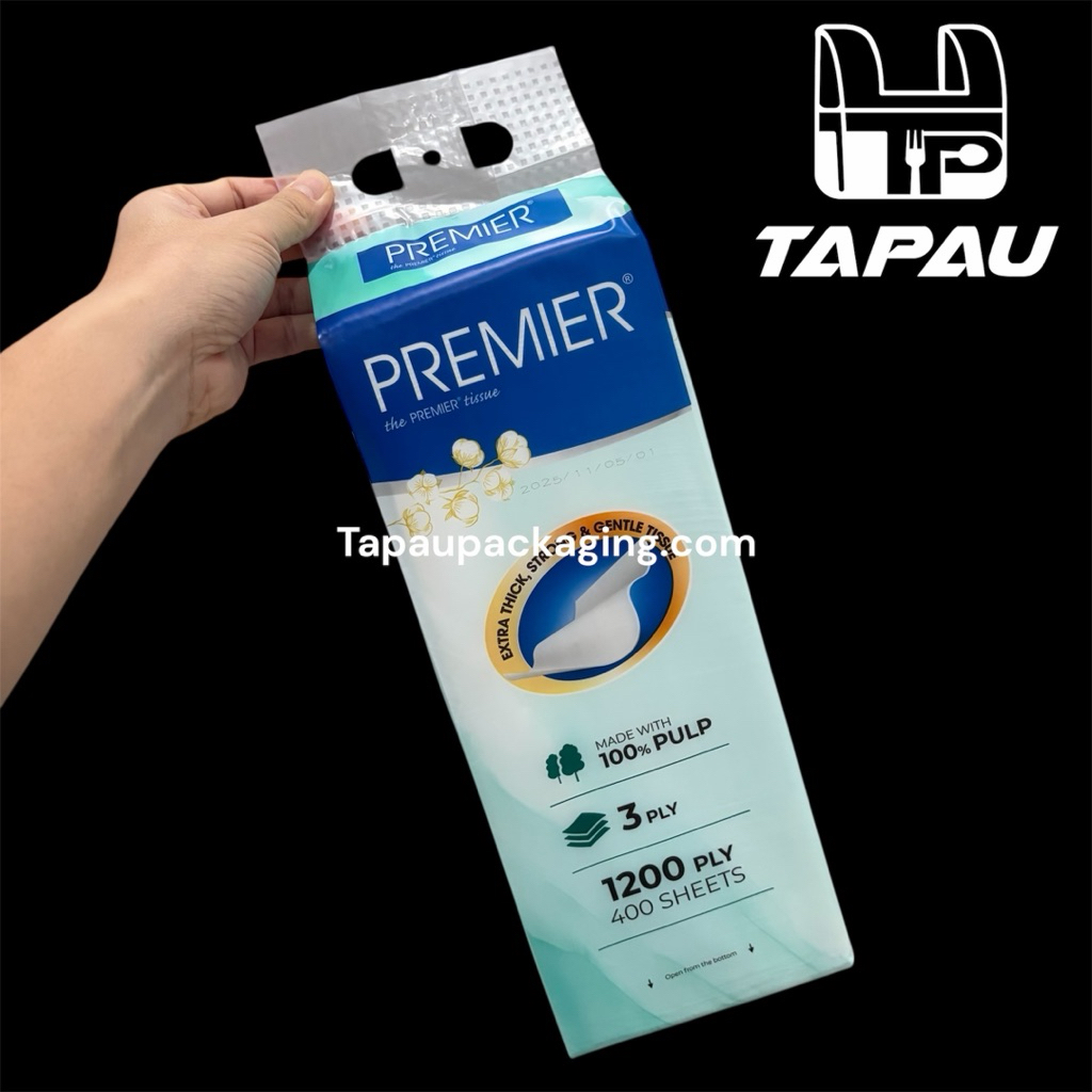 TAPAU - พรีเมียร์ทิชชู่แขวน (400 ชิ้น+-) กระดาษเช็ดหน้า Cheerful Tissue ทิชชู่นุ่มสบาย / เบาะลม