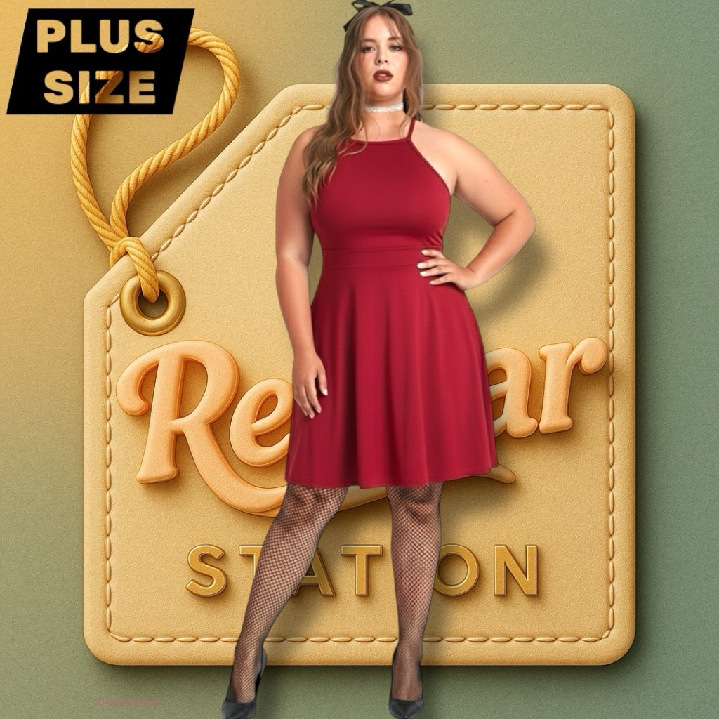 ชุดเพลย์สูทคล้องคอไวน์แดงพลัสไซส์ 2XL A-Line Mini Skort