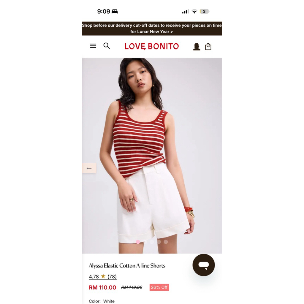 BRAND NEW WITH TAG love oyo Alyssa กางเกงขาสั้นผ้าฝ้ายทรงเอยืดหยุ่น [WHITE size S]