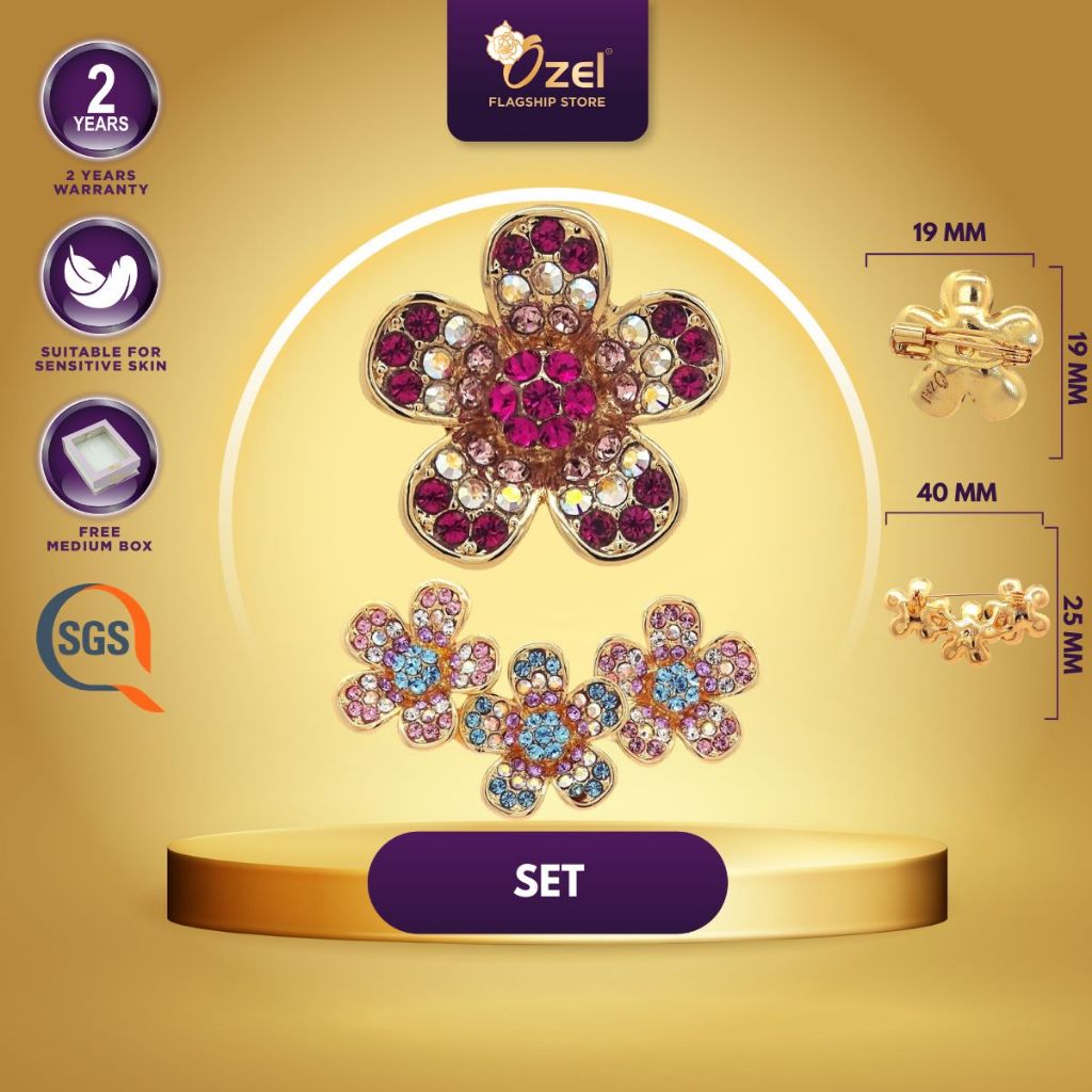 Ozel Twin Flower เข็มกลัดชุด B219 & GG34024 เข็มกลัดและหมุดสําหรับผ้าคลุมศีรษะ, ฮิญาบ, Baju Kurung