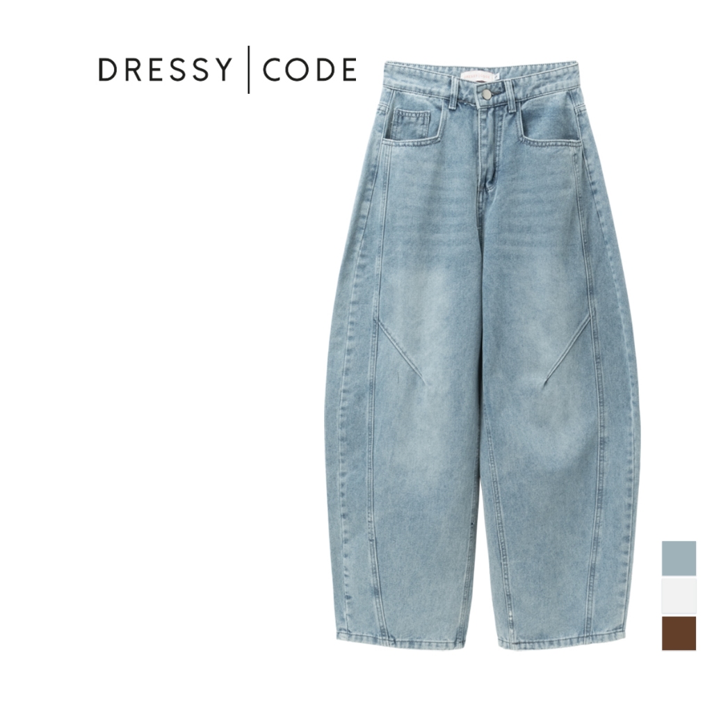 Denim Washed Balloon Cut Baggy Jeans- สีฟ้าอ่อน/ขาว/น้ําตาล