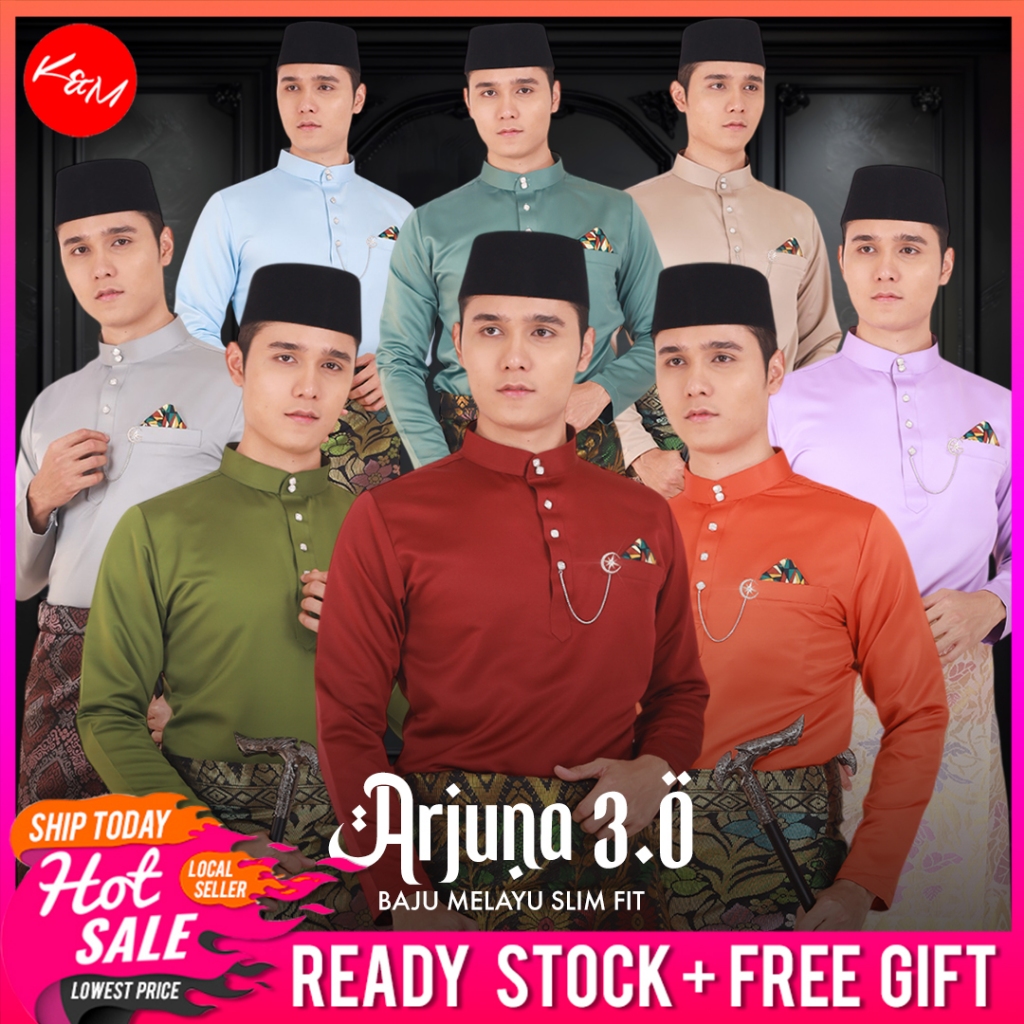 KM Baju Melayu Arjuna 3.0 Slim Fit Premium Satin Matte [2X BUTANG+HANDKERCHIEF+BOX+ZIPLOCK BAG][M671