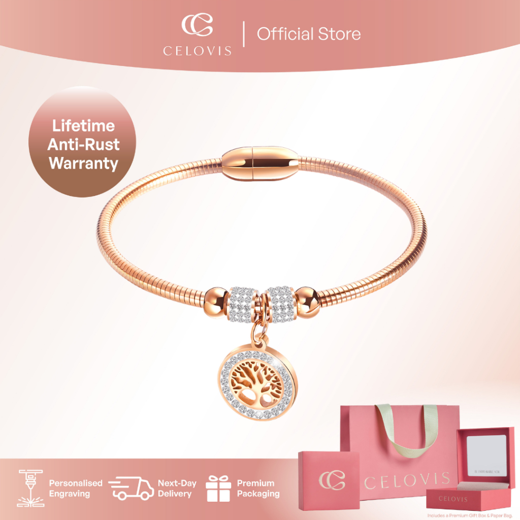 CELOVIS Eden Zirconia Family Tree Magnetic Clasp กําไลข้อมือใน Rose