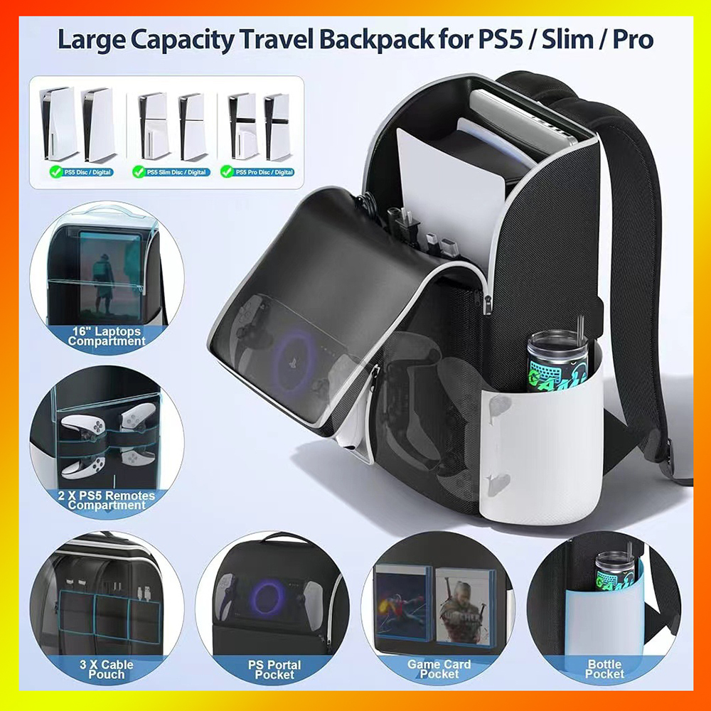 กระเป๋าเป้สะพายหลังความจุขนาดใหญ่ใหม่สําหรับคอนโซล PS5/ Slim/ Pro, Full Protection PS5 กระเป๋าเดินทา