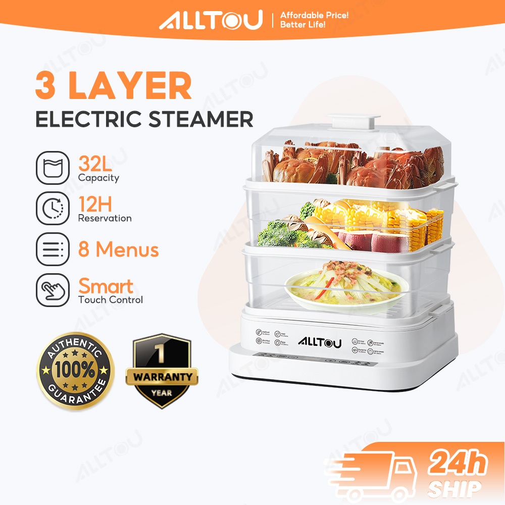 ALLTOU เรือกลไฟไฟฟ้า 32L เครื่องนึ่งอาหาร 3 ชั้น 12 ชั่วโมงจองอัจฉริยะ LED Touch Control