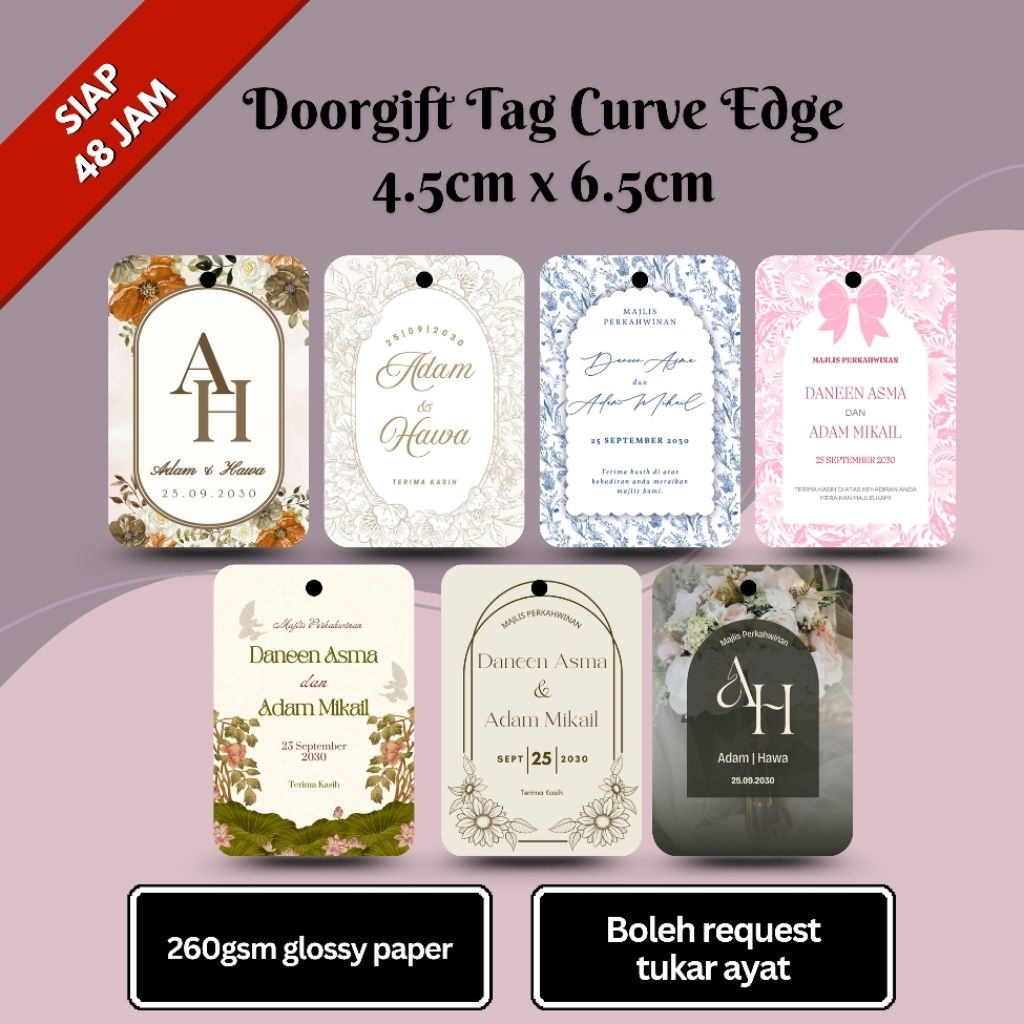 50 ชิ้น Doorgift Tag 4.5 ซม. x 6.5 ซม. Curve Edge Boleh Tukar กิจกรรม/Ayat 48 ชั่วโมง